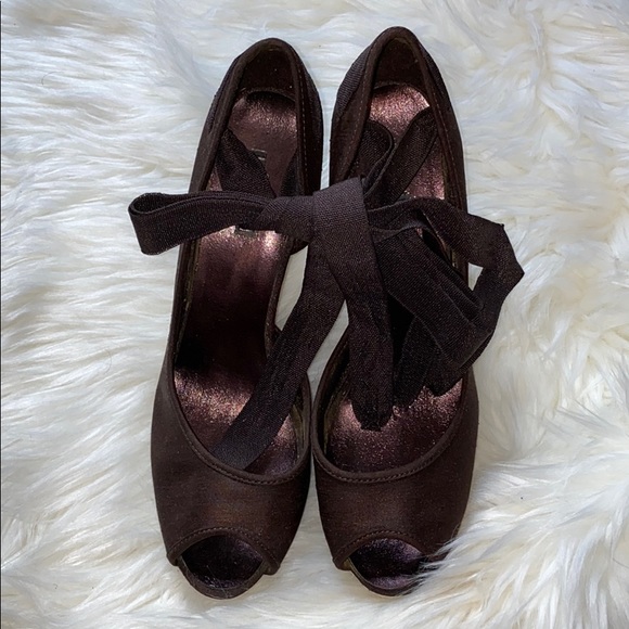 UNLISTED Brown Lace Up Peep-Toe Espadrille Wedges - Picture 2 of 5
